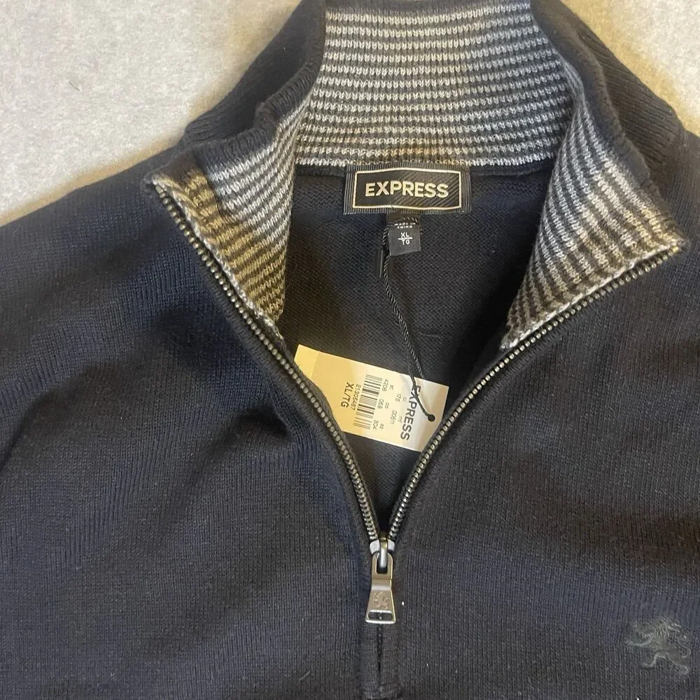 Vintage Express Men's Black Knit 1/4 Zip Mock Neck Pullover Sweater XL